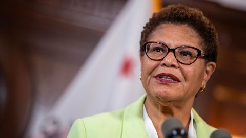 In this file photo, Los Angeles Mayor Karen Bass speaks at a news conference in Los Angeles on July 31, 2023.