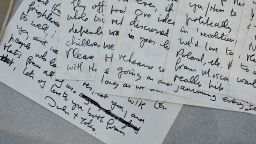 An autographed letter by John Lennon and Yoko Ono (signed, "John and Yoko") to Eric Clapton about forming a group together written September 29, 1971 on display at real estate broker Douglas Elliman's Gallery by Profiles in History auction house December 3, 2012 in New York. The Lennon letter is estimated at USD $20,000 to $30,000 and is included in an auction of historical manuscripts to be held on December 18. AFP PHOTO/Stan HONDA        (Photo credit should read STAN HONDA/AFP via Getty Images)