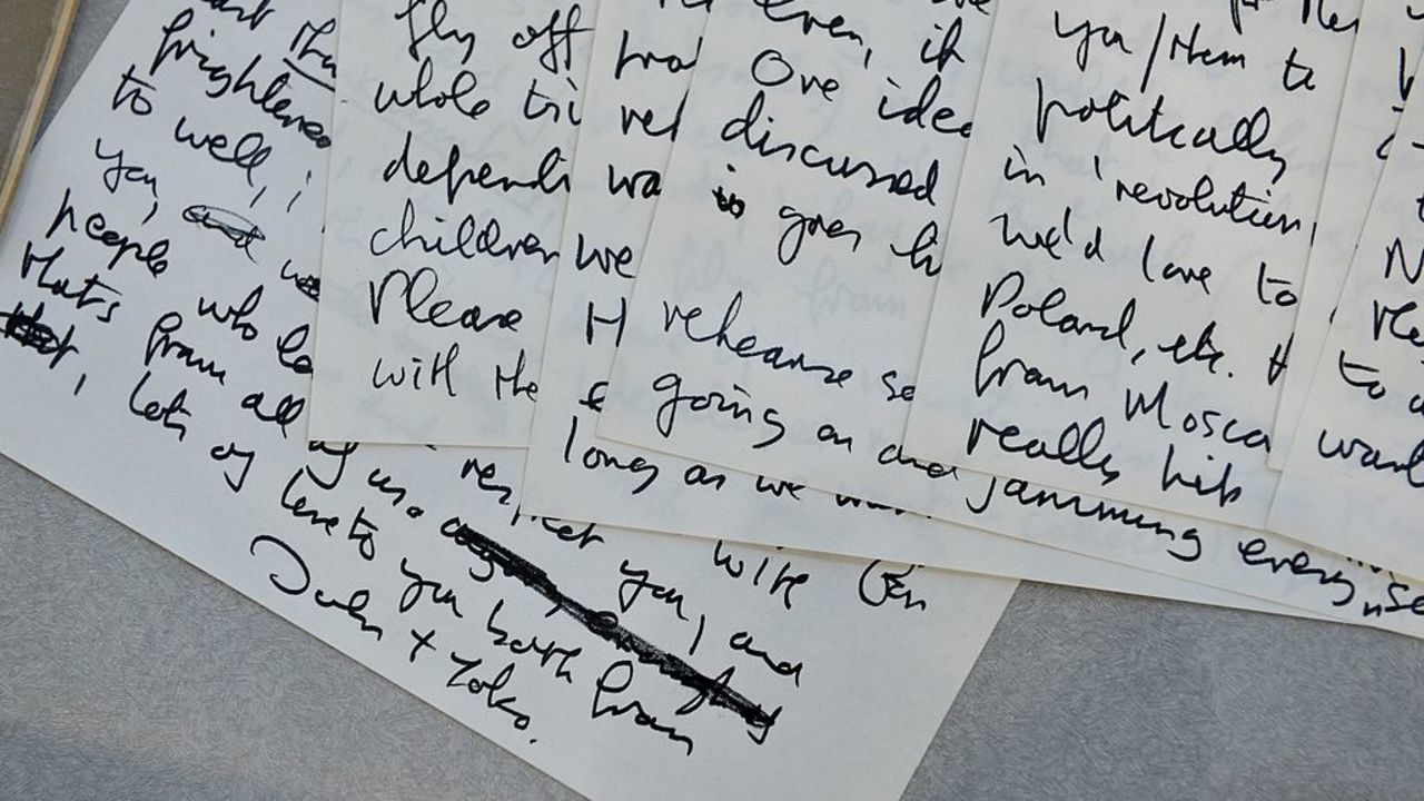 An autographed letter by John Lennon and Yoko Ono (signed, "John and Yoko") to Eric Clapton about forming a group together written September 29, 1971 on display at real estate broker Douglas Elliman's Gallery by Profiles in History auction house December 3, 2012 in New York. The Lennon letter is estimated at USD $20,000 to $30,000 and is included in an auction of historical manuscripts to be held on December 18. AFP PHOTO/Stan HONDA (Photo credit should read STAN HONDA/AFP via Getty Images)