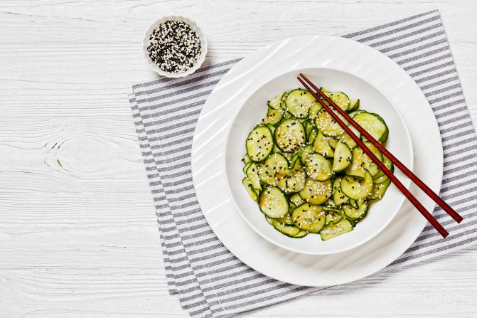 <strong>Sunomono (Japan): </strong>This Japanese cucumber salad, consists of sliced cucumbers with a dressing of soy sauce, rice vinegar, sesame oil and sugar.