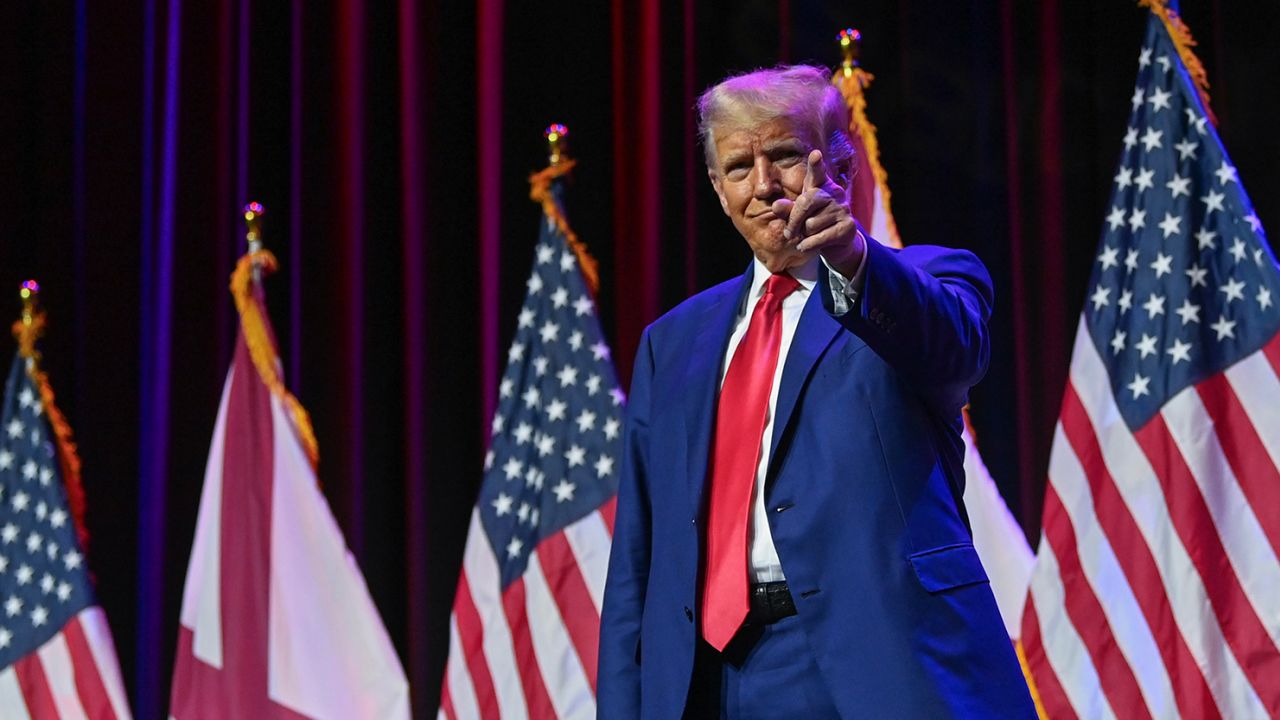 Former U.S. President Donald Trump gestures on stage during the Alabama Republican Party’s 2023 Summer meeting at the Renaissance Montgomery Hotel on August 4, 2023 in Montgomery, Alabama.
