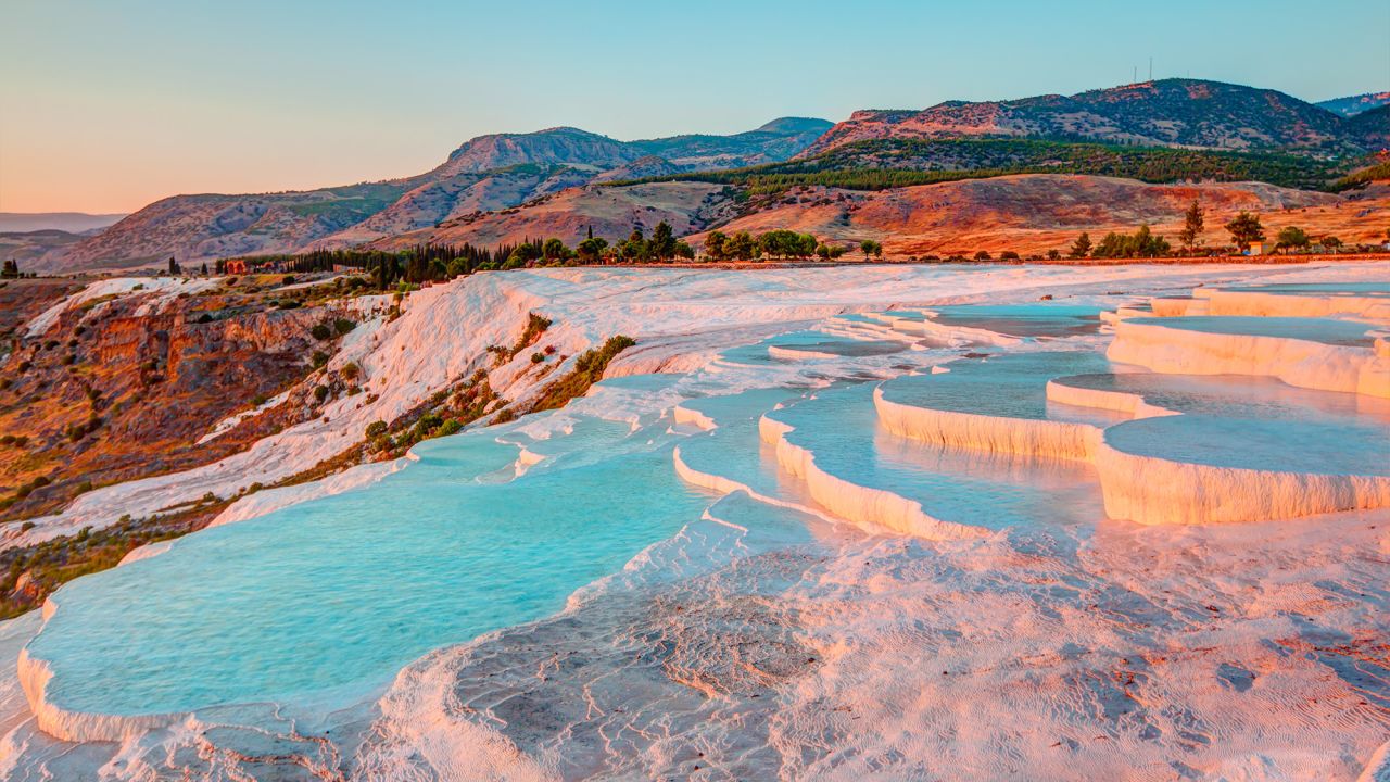 Natural travertine pools and terraces in Pamukkale. Cotton castle in southwestern Turkey