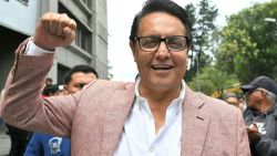 TOPSHOT - Former Assembly member and now presidential candidate, Fernando Villavicencio, gestures outside the Attorney General's Office in Quito on August 8, 2023. Fernando Villavicencio asked the Attorney General's Office to investigate former officials related to the oil sector of the governments of Rafael Correa, Lenín Moreno, and Guillermo Lasso as part of a criminal complaint that he filed on Tuesday. (Photo by Rodrigo BUENDIA / AFP) (Photo by RODRIGO BUENDIA/AFP via Getty Images)