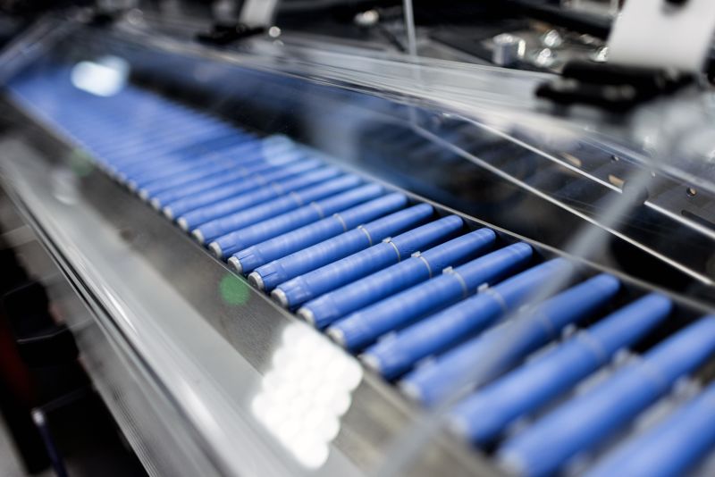 Injection pens move along a conveyor at the Novo Nordisk A/S production facilities in Hillerod, Denmark on June 12, 2023. The success of Novo's bestsellers Ozempic and Wegovy drugs that help people lose significant amounts of weight, has created something of a gold rush in the pharma industry with about 40 companies developing products that will intensify competition.