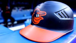 A Baltimore Orioles batting helmet