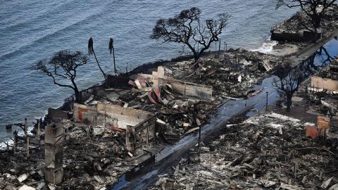 An aerial image taken on August 10, 2023 shows destroyed homes and buildings burned to the ground in Lahaina in the aftermath of wildfires in western Maui, Hawaii.