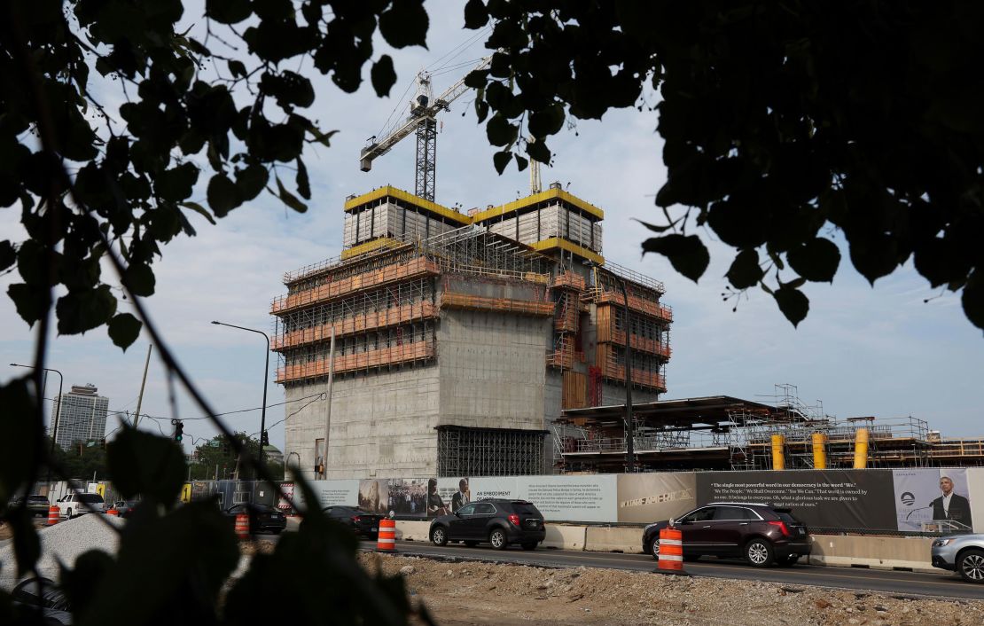 Vehicle traffic moves past construction of the Obama Presidential Center on South Stony Island Avenue on August 8, 2023, in Chicago.