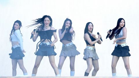 CHICAGO, ILLINOIS - AUGUST 03: (L - R) Danielle, Minji, Hyein, Hanni and Haerin of NewJeans perform in concert during Lollapalooza at Grant Park on August 03, 2023 in Chicago, Illinois. (Photo by Gary Miller/FilmMagic)