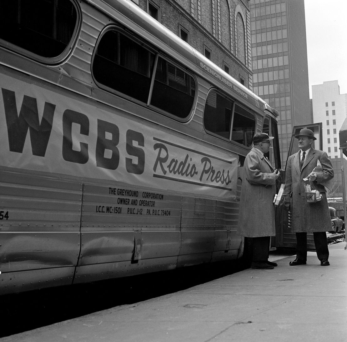 WCBS Radio press party bus headed for Yankee Stadium Opening Day between the New York Yankees and the Minnesota Twins. Image dated April 11, 1961.