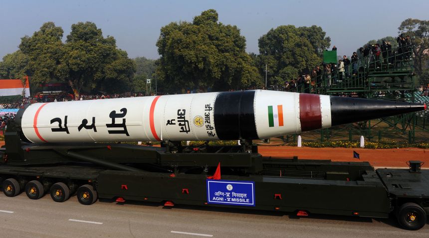 India's Agni-5 Missile on display in New Delhi on January 23, 2013.