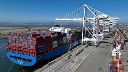 In an aerial view, a container ship sits docked at the Port of Oakland on August 7, 2023, in Oakland, California.