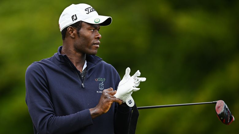 BALLYMENA, NORTHERN IRELAND - AUGUST 15: Issa Nlareb of Cameroon prepares to play his tee shot on the 1st hole during the G4D prior to the ISPS HANDA World Invitational presented by AVIV Clinics at Galgorm Castle Golf Club on August 15, 2023 in United Kingdom. (Photo by Octavio Passos/Getty Images)