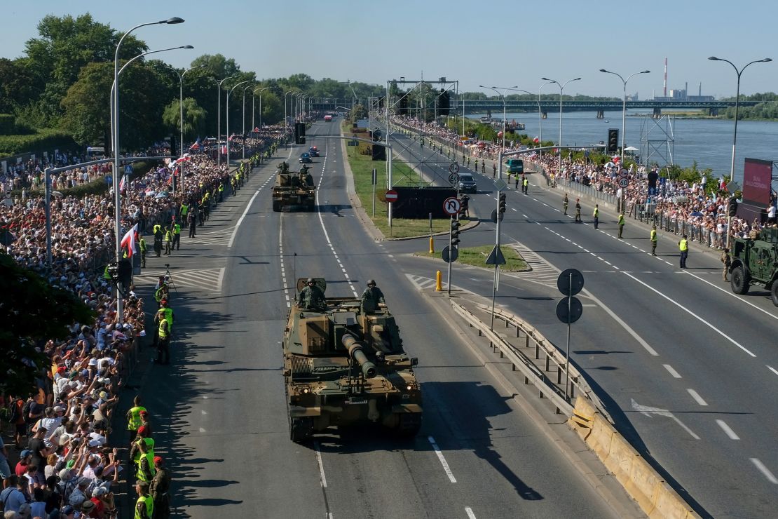 A K9 Thunder self-propelled howitzer takes part in an Armed Forces Day military parade in Warsaw, Poland, on August 15, 2023.