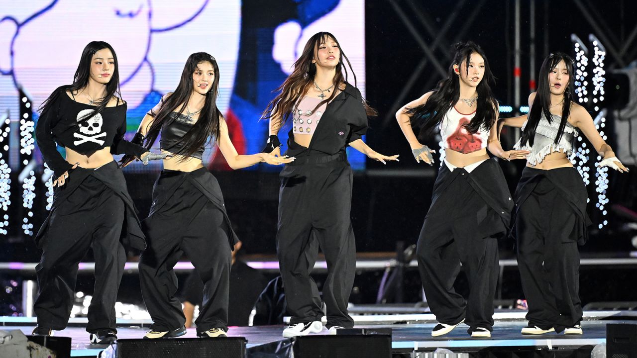 Girl group NewJeans perform on stage during the K-pop Super Live" Concert after the 2023 World Scout Jamboree closing ceremony at Sangam World Cup stadium on August 11, 2023 in Seoul, South Korea.