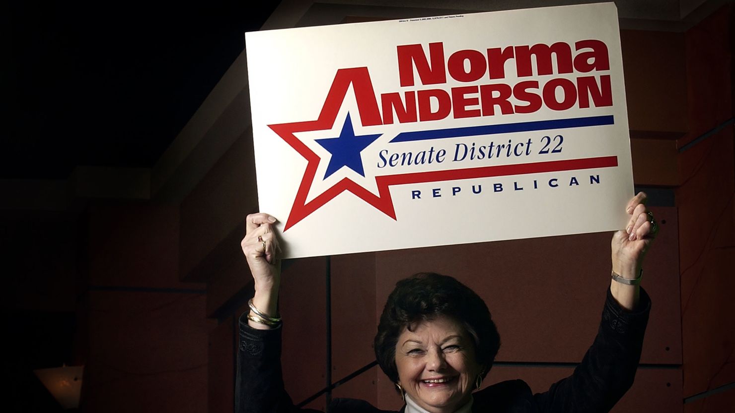 Sen. Norma Anderson poses for a portrait with campaign memorabilia from her 2002 election.