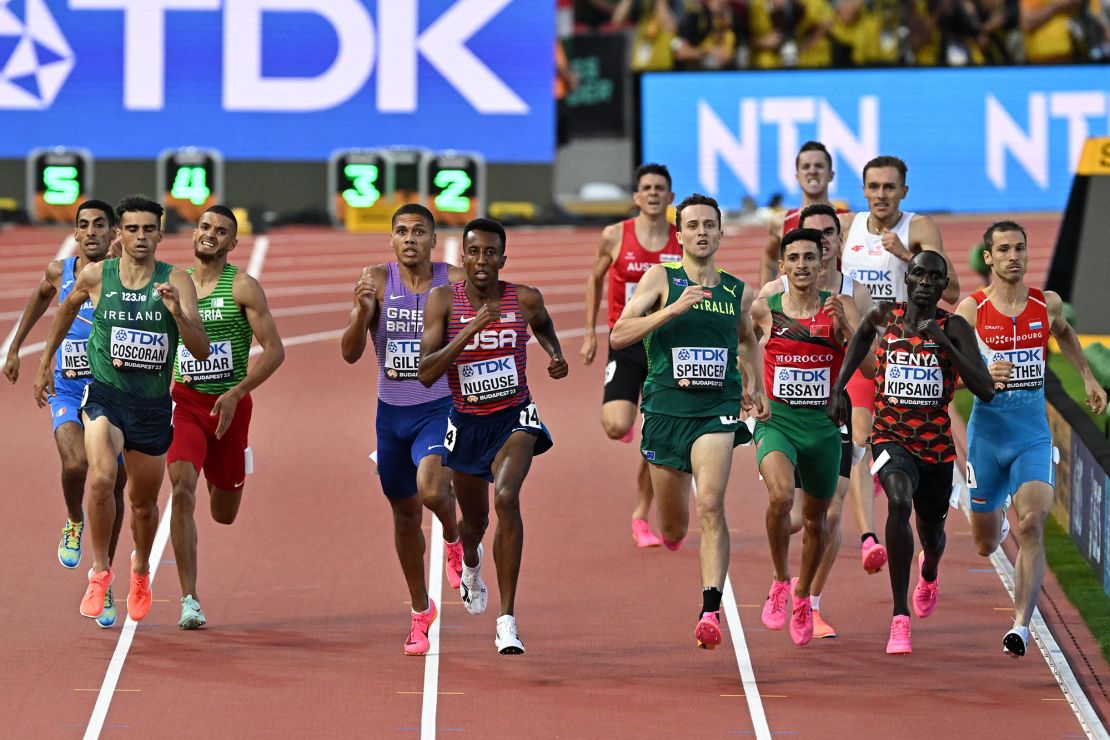 Nuguse leads his 1,500m heat at the 2023 World Athletics Championships in Budapest.