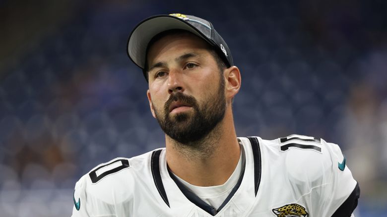 Jacksonville Jaguars place kicker Brandon McManus (10) is seen during the first half of an NFL preseason football game against the Detroit Lions in Detroit, Michigan USA, on Saturday, August 19, 2023.