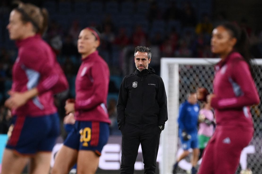 Vilda watches Spain's players warm up ahead of the Women's World Cup final.