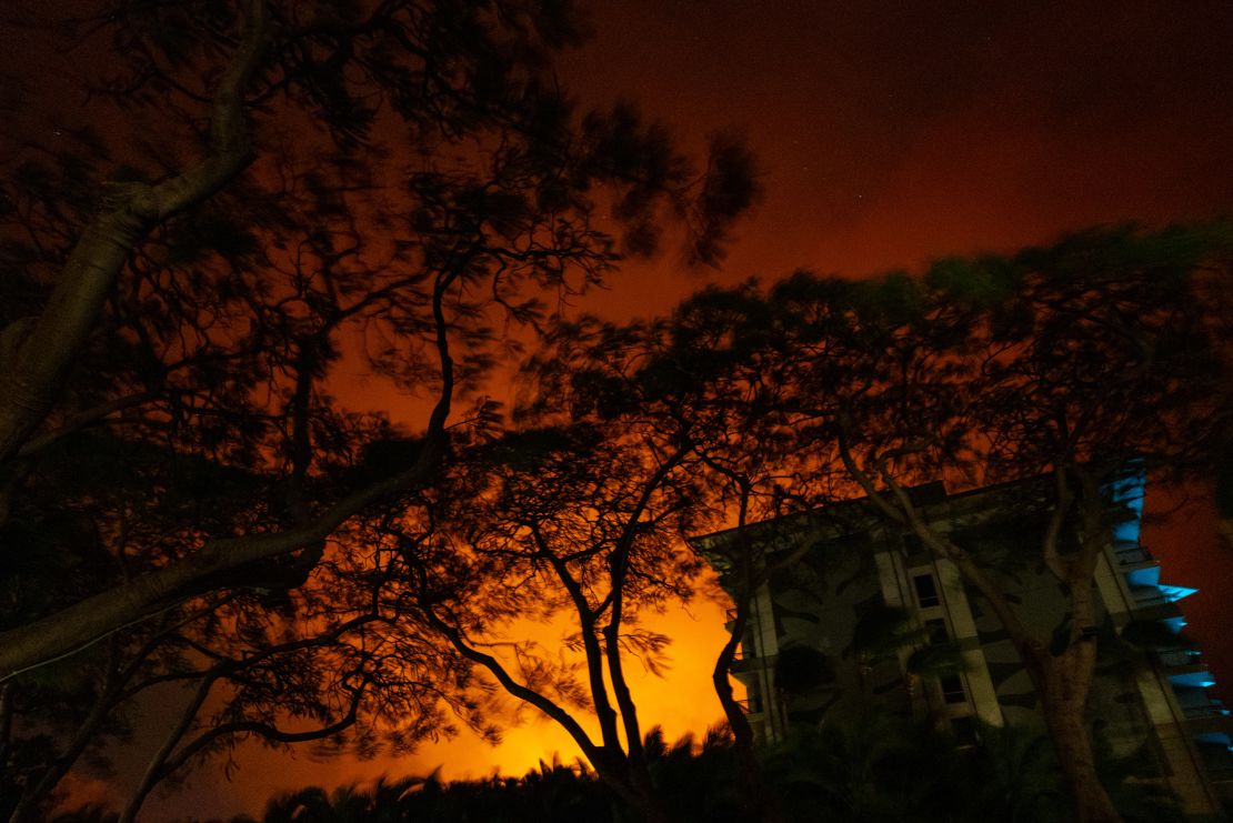 Wildfires burn over the town of Lahaina as seen in the neighboring Kaanapali Alii resort, on August 08, 2023 in Kaanapali, Maui, Hawaii.