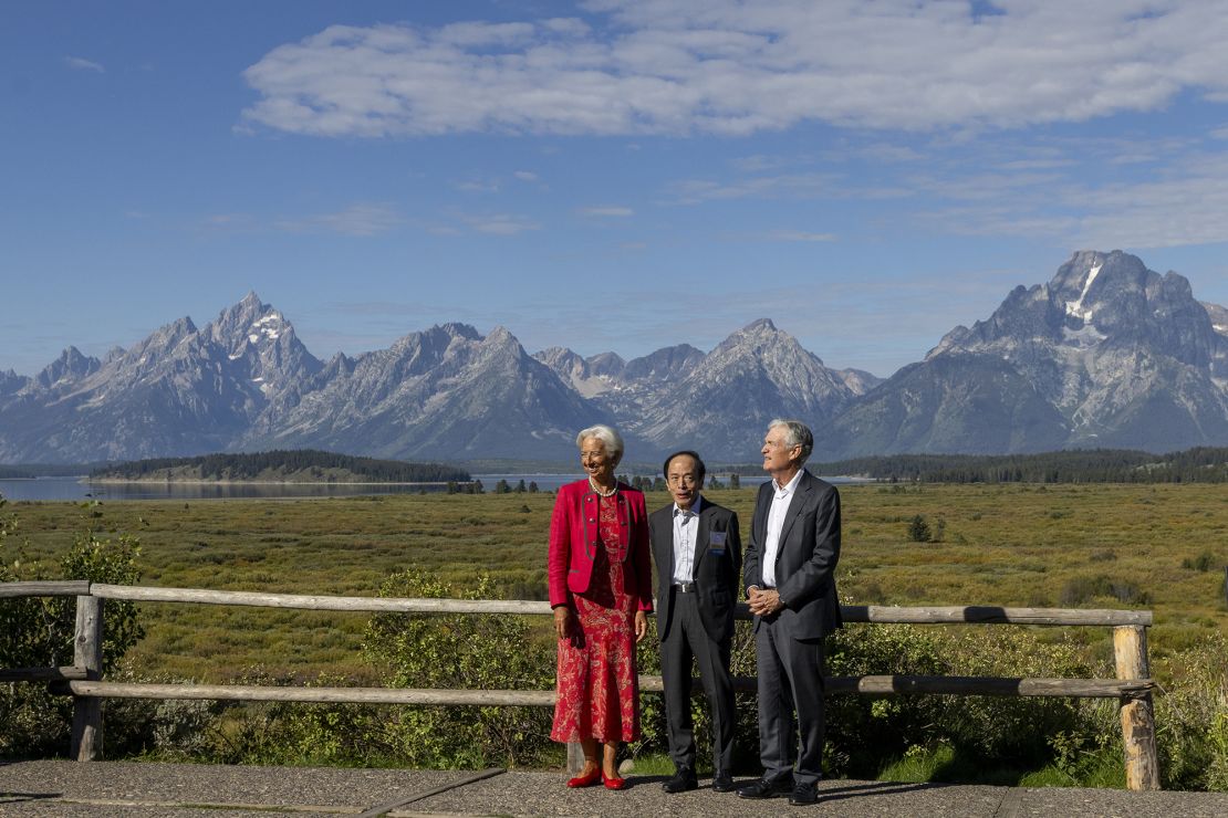 European Central Bank President Christine Lagarde (left), Bank of Japan Governor Kazuo Ueda (center), and Federal Reserve Chair Jerome Powell (right) in front of the Tetons during the Jackson Hole Economic Symposium last year.