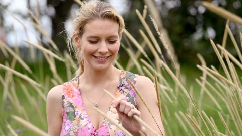 SOUTHPORT, ENGLAND - AUGUST 18: Rachel Riley in the Circles of Strength Menopause Garden designed by Carolyn Hardern on August 18, 2023 in Southport, England. (Photo by Anthony Devlin/Getty Images)
