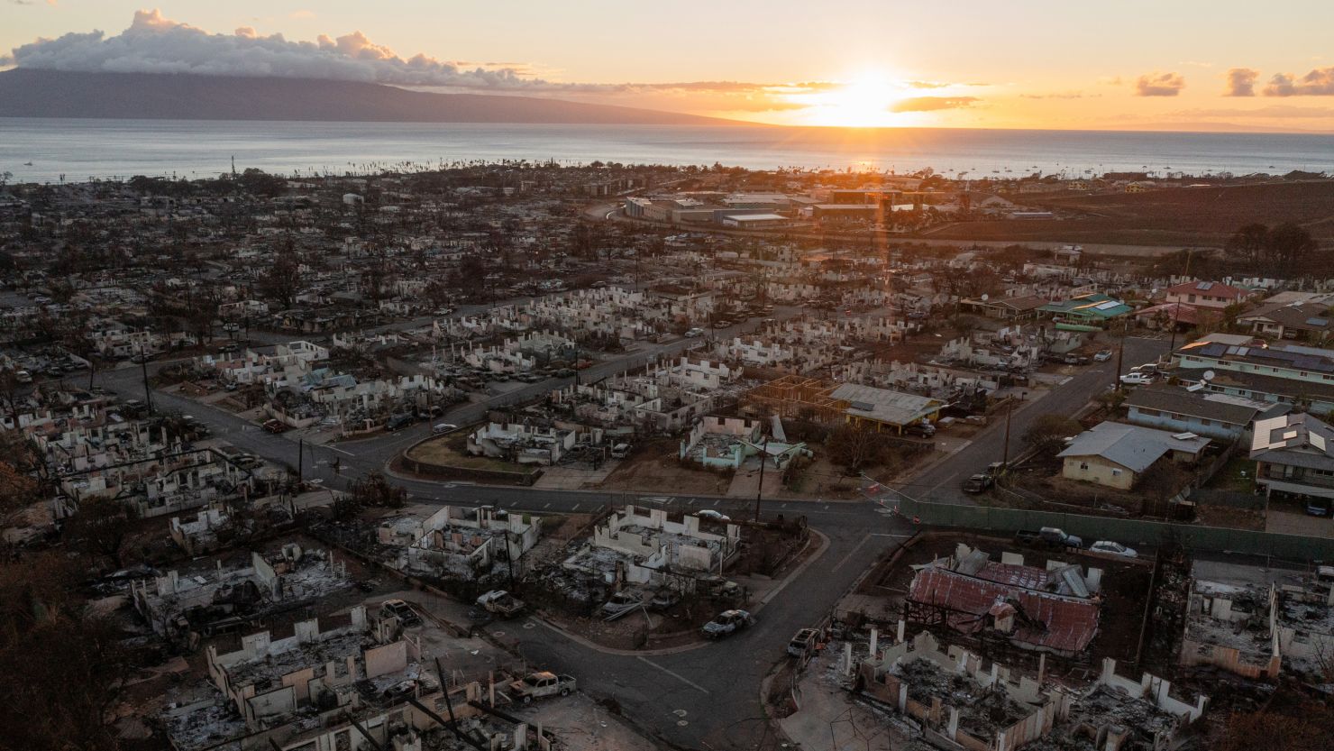 Burned homes and vehicles are seen in a neighborhood that was destroyed by windswept wildfires in Lahaina, Hawaii, on August 19.