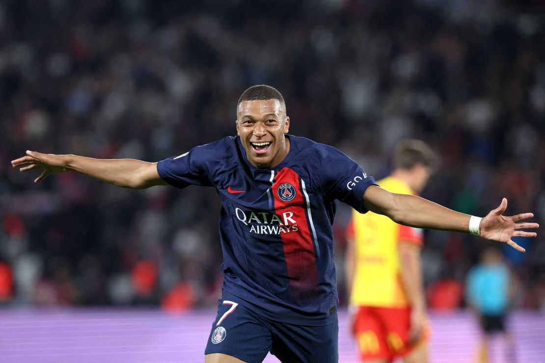 Mbappé celebrates scoring for PSG against RC Lens last year.
