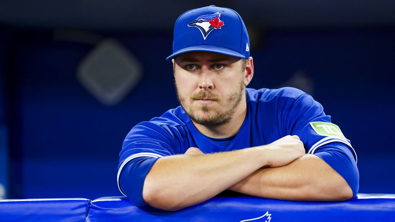 TORONTO, ON - AUGUST 26: Erik Swanson #50 looks on during the game between the Cleveland Guardians and the Toronto Blue Jays at Rogers Centre on Saturday, August 26, 2023 in Toronto, Ontario, Canada. (Photo by Thomas Skrlj/MLB Photos via Getty Images)