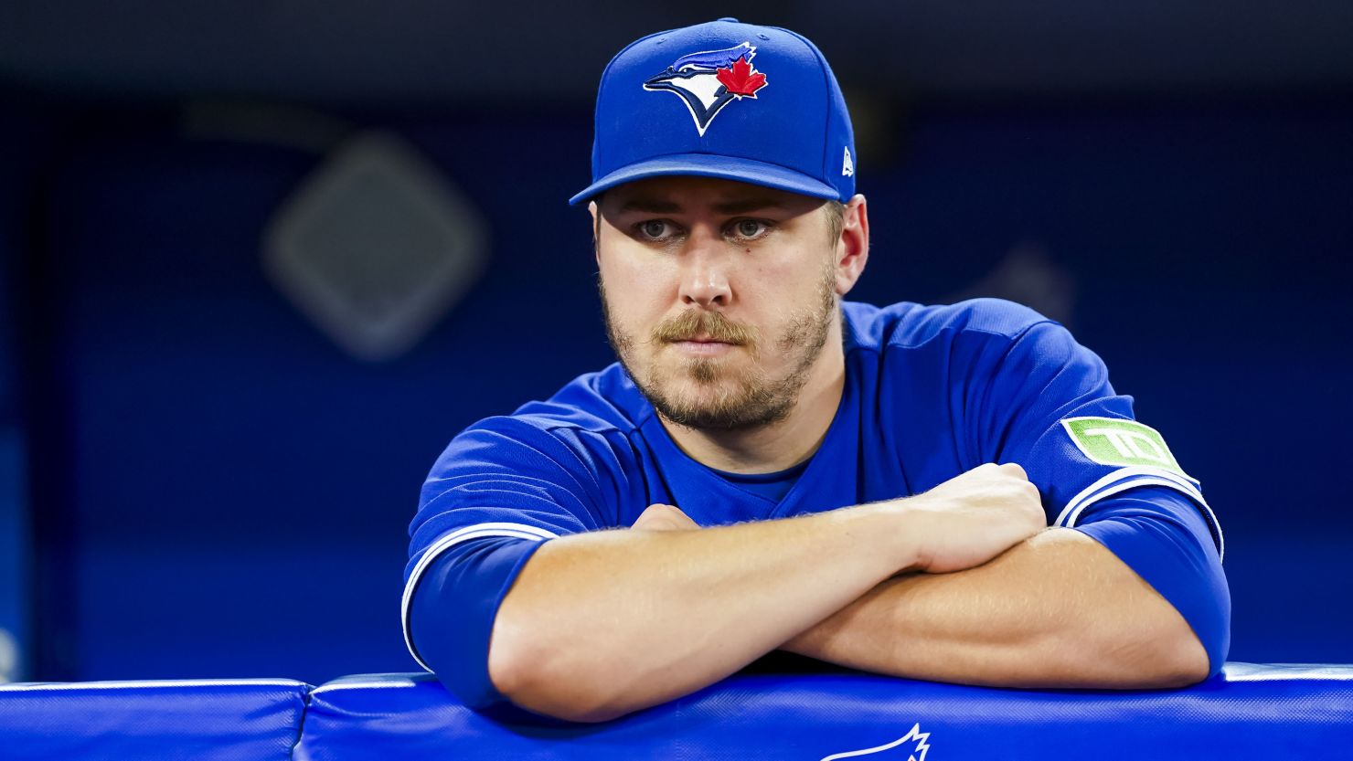 Erik Swanson looks on during a game between the Cleveland Guardians and the Toronto Blue Jays at Rogers Centre on August 26, 2023.