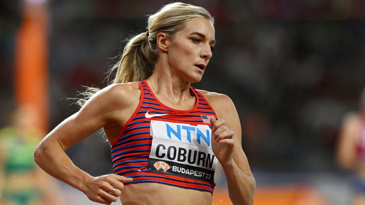 Emma Coburn of Team United States competes in the Women's 3000m Steeplechase Heats during day five of the World Athletics Championships Budapest 2023 at National Athletics Centre on August 23, 2023 in Budapest, Hungary.