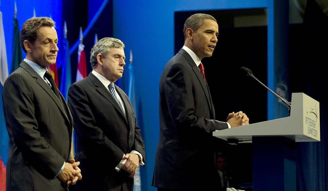 President Barack Obama will make a statement about Iran at the G20 held in Pittsburgh, Pennsylvania on September 25, 2009. Behind him are President Nicholas Sarkozy and British Prime Minister Gordon Brown.