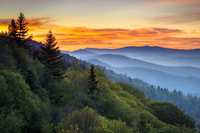 <strong>3. Great Smoky Mountains National Park:</strong> Another sunrise comes to the third-most visited NPS site, which straddles North Carolina and Tennessee. It also holds the distinction of being the most visited of the 63 national parks in 2023.