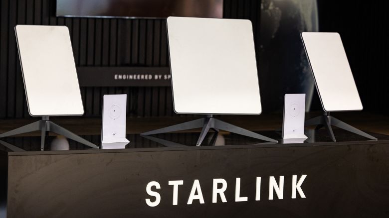Starlink satellite antennas are seen at an international trade show in Berlin in 2023.