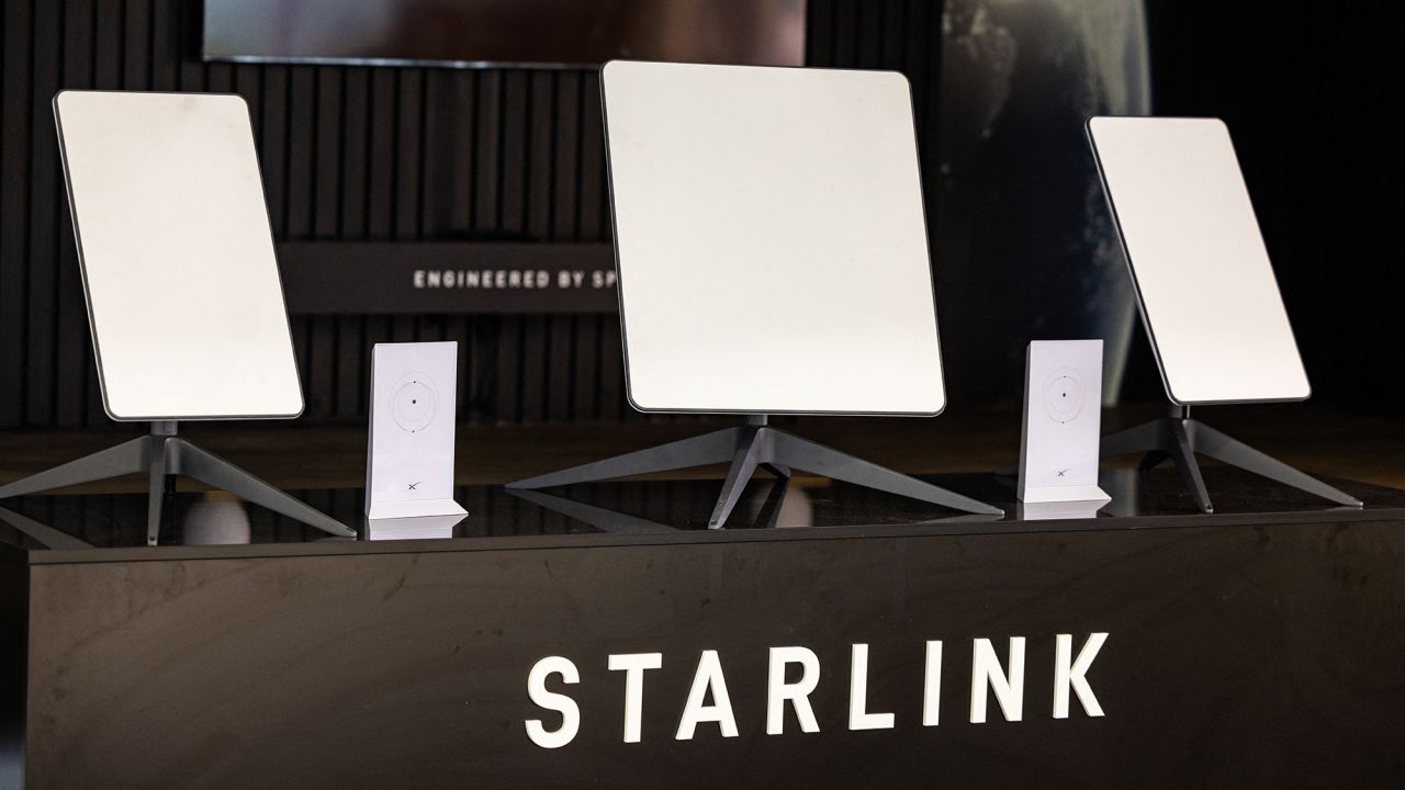 Starlink satellite antennas are seen at an international trade show in Berlin in 2023.