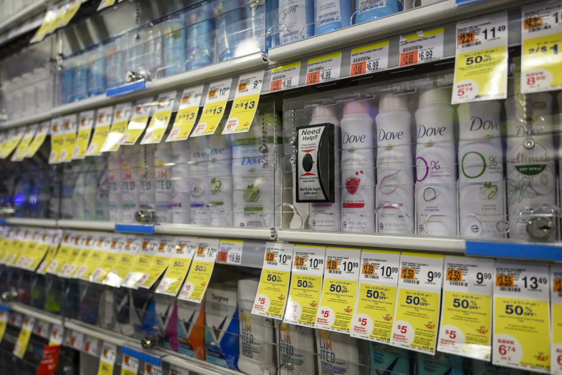 Locked up deodorant to prevent shoplifting are seen at a Duane Reade drugstore and pharmacy on August 24, 2023 in New York City.