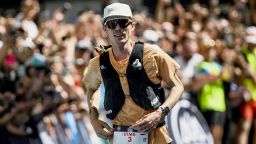 TOPSHOT - US trailer Jim Walmsley runs to win the 20th edition of the Ultra Trail du Mont Blanc (UTMB), a 173km trail race crossing France, Italy and Switzerland in Chamonix, south-eastern France on September 2, 2023. (Photo by JEFF PACHOUD / AFP) (Photo by JEFF PACHOUD/AFP via Getty Images)