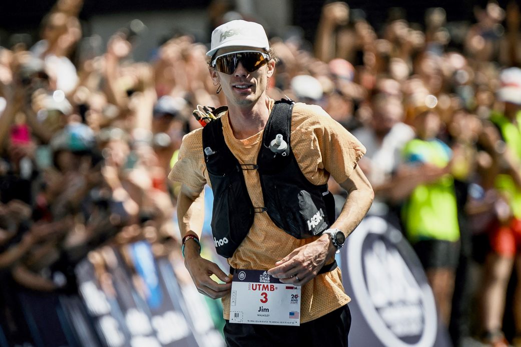 Jim Walmsley approaches the finish line of the Ultra Trail du Mont Blanc (UTMB) race in 2023.