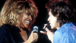 Tina Turner and Mick Jagger rehearse their duet for the upcoming Live Aid concert at JFK Stadium on July 12, 1985 in Philadelphia, Pennsylvania.