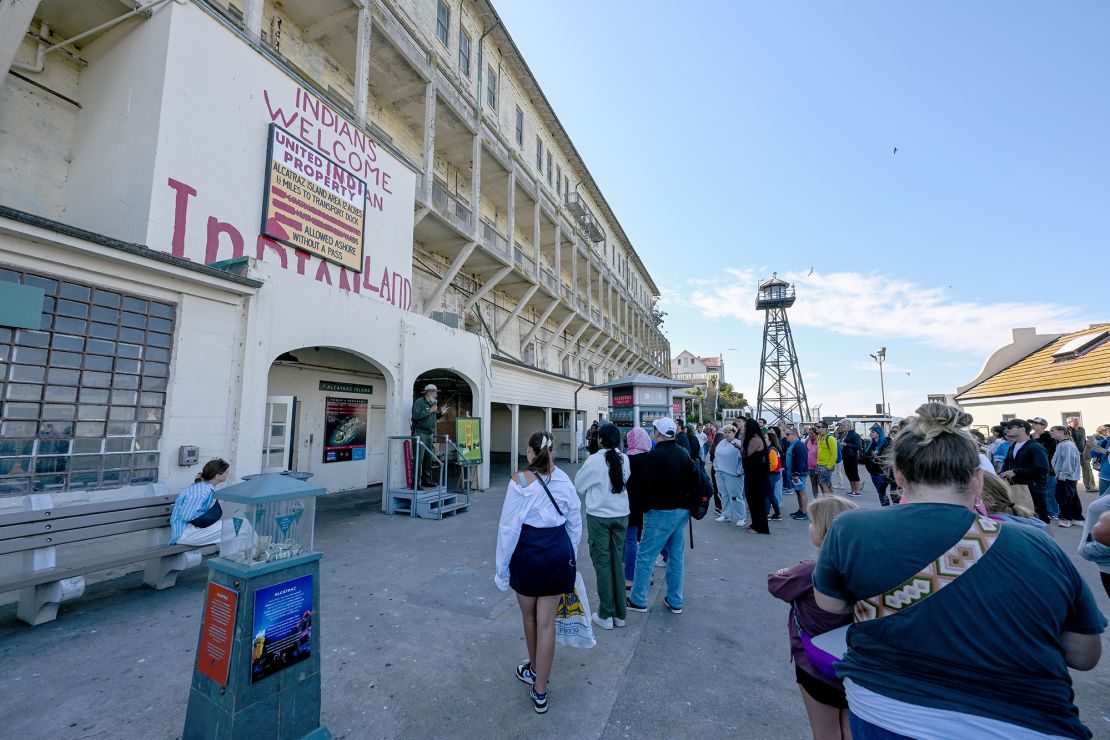 Tourists can be seen on Alcatraz Island in August 2023.