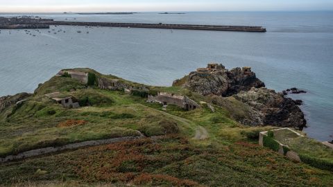 German bunkers on top of a cliff overlooking Braye Beach on Alderney.