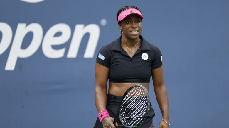 Sachia Vickery reacts against Donna Vekic during their Women's Singles First Round match on Day Two of the 2023 US Open at the USTA Billie Jean King National Tennis Center in New York City on August 29, 2023.