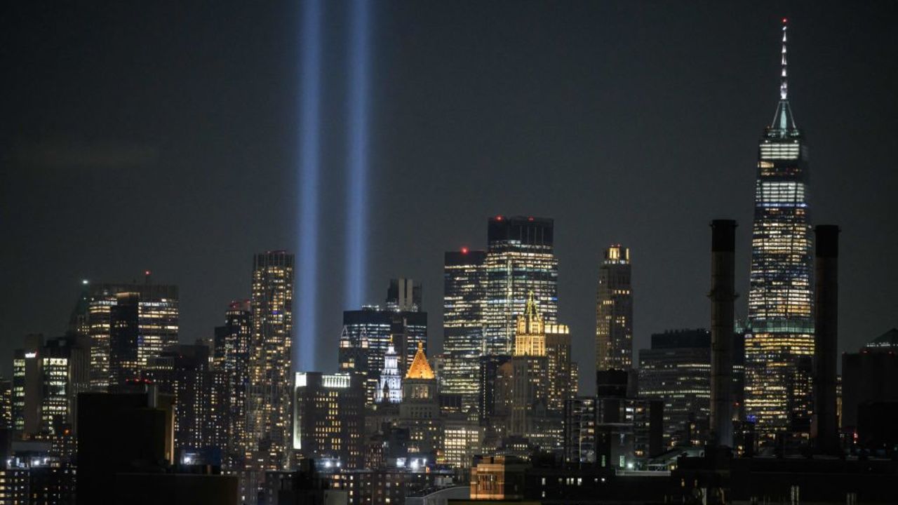 A general view shows a test of the 'Tribute in Lights' 9/11 memorial light display in New York on September 6, 2023. (Photo by Ed JONES / AFP) (Photo by ED JONES/AFP via Getty Images)