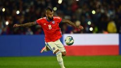 Chile's midfielder Arturo Vidal strikes the ball during the 2026 FIFA World Cup South American qualifiers football match between Uruguay and Chile, at the Centenario stadium in Montevideo, on September 8, 2023. (Photo by Pablo PORCIUNCULA / AFP) (Photo by PABLO PORCIUNCULA/AFP via Getty Images)