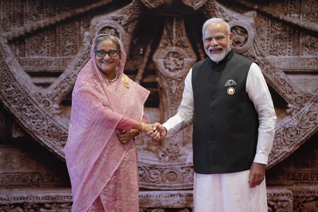 India's Prime Minister Narendra Modi with Sheikh Hasina ahead of the G20 Leaders' Summit in New Delhi on September 9, 2023.