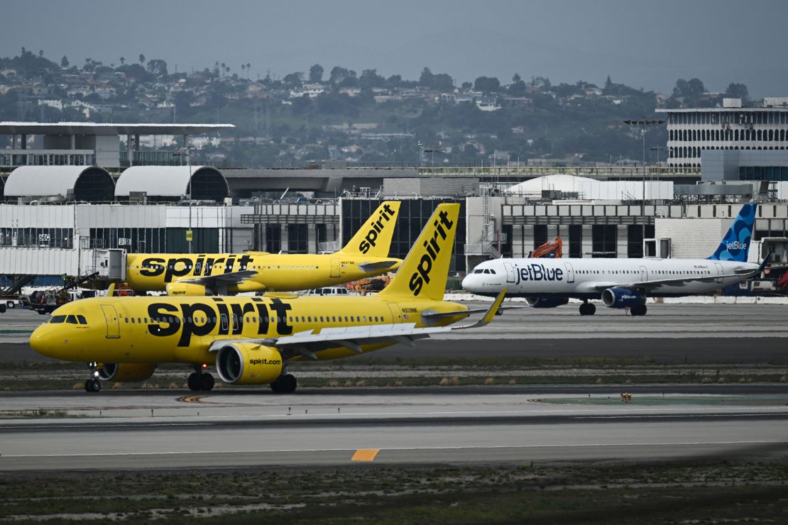 Spirit Airlines Airbus A320 and JetBlue Airlines Airbus A321 airplanes at Los Angeles International Airport on September 11, 2023.