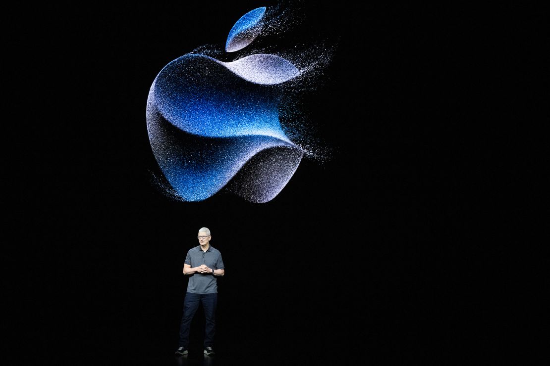 Tim Cook, chief executive officer of Apple Inc., speaks during a launch event for the new Apple iPhone 15 at Apple Park in Cupertino, California, on September 12, 2023.