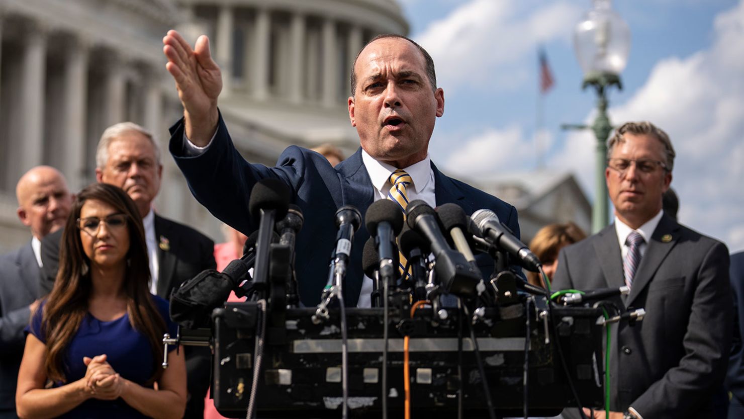 Rep. Bob Good, a Republican from Virginia, speaks during a news conference with members of the House Freedom Caucus outside the US Capitol on September 12, 2023.