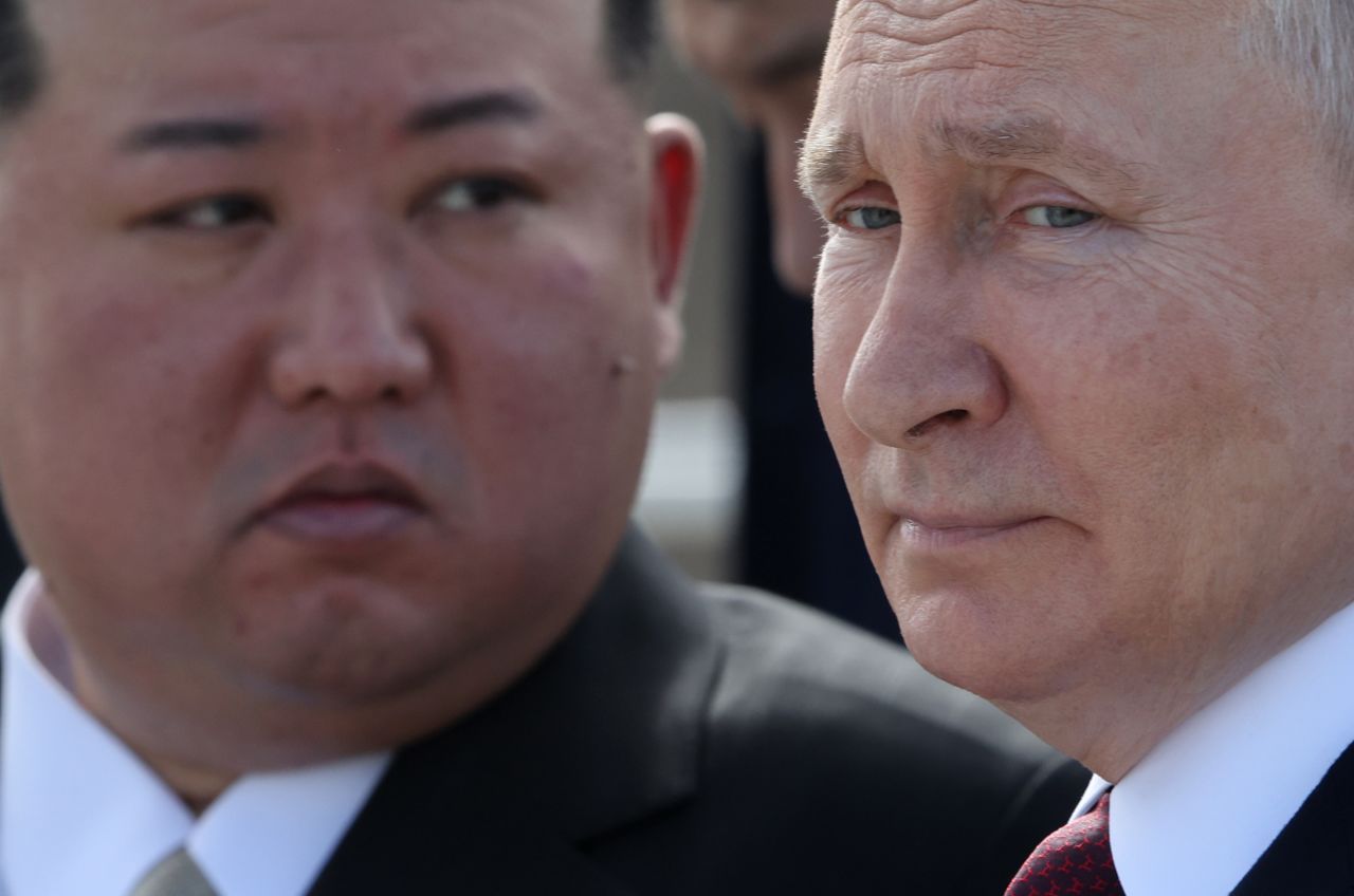 Vladimir Putin and North Korean leader Kim Jong-un in Tsiolkovsky, Russia, on September 13, 2023.