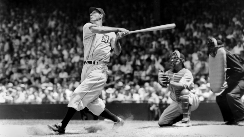 First baseman Hank Greenberg pictured swinging at a pitch in 1935.
