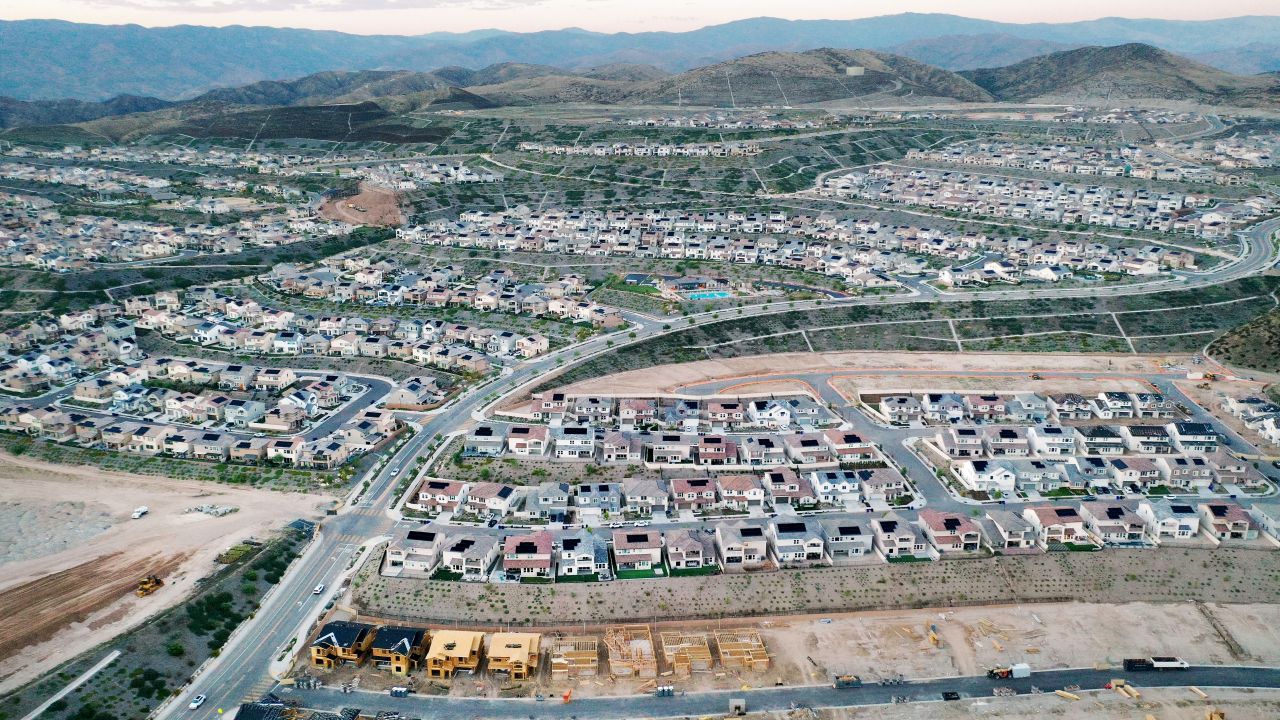 An aerial view of homes in a housing development with new houses under construction on September 08, 2023 in Santa Clarita, California.